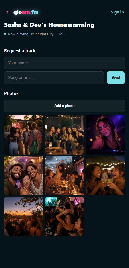 The gloam.fm app — request a track and add party photos from your phone